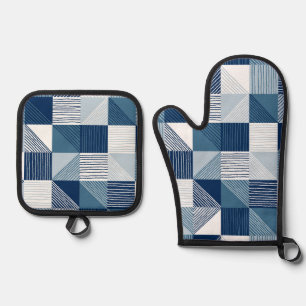 Moderne geometrische Karos mit Linien in blau Ofenhandschuh & Topflappen-Set