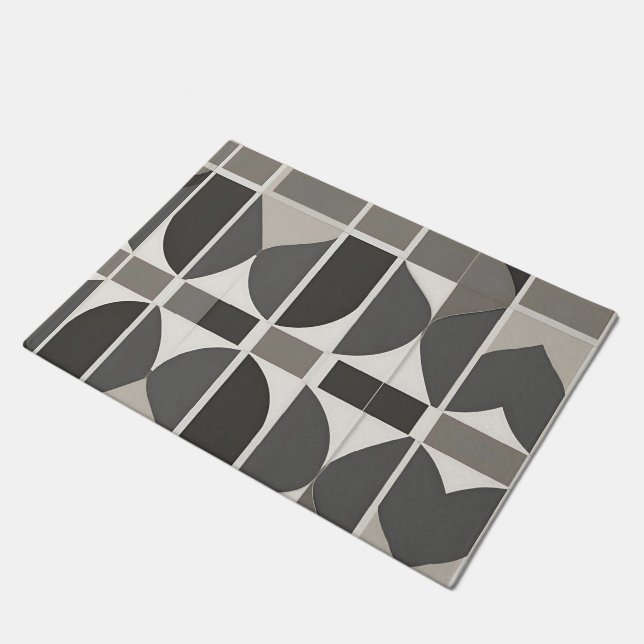 Moderne geometrische Kurven in Grau und Weiß Fußmatte (Schrägansicht)
