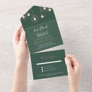 Moderne geometrische Lichter Dunkelgrüne Hochzeit All In One Einladung