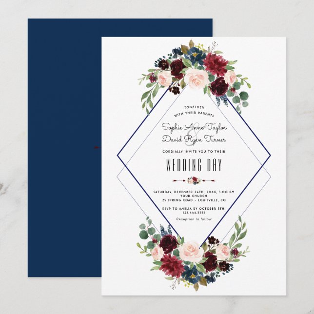 Moderne geometrische Merlot-Hochzeit mit blauer Fl Einladung (Vorne/Hinten)
