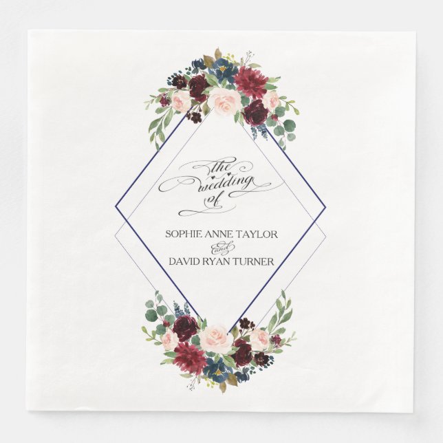 Moderne geometrische Merlot-Hochzeit mit blauer Fl Serviette (Vorderseite)