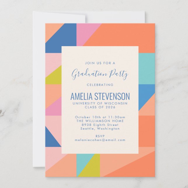 Moderne geometrische Orange Blue Graduation Party Einladung (Vorderseite)