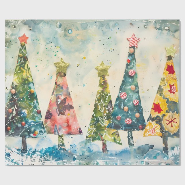 Moderne geometrische Patchwork-Weihnachtsbaum Geschenkpapier (Flach)
