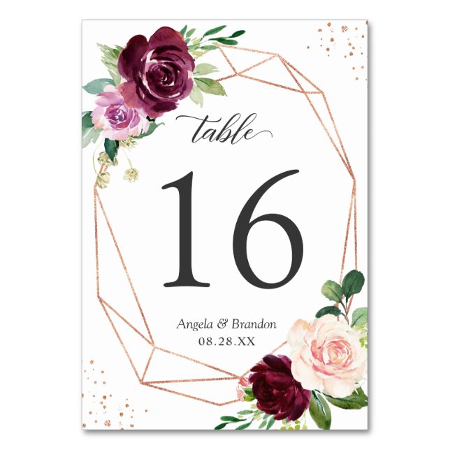 Moderne geometrische Pflaume Lila Blush Bloral Wed Tischnummer (Vorderseite)