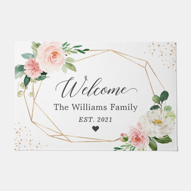Moderne geometrische Rahmen Blush Floral Herzlich  Fußmatte (Vorderseite)