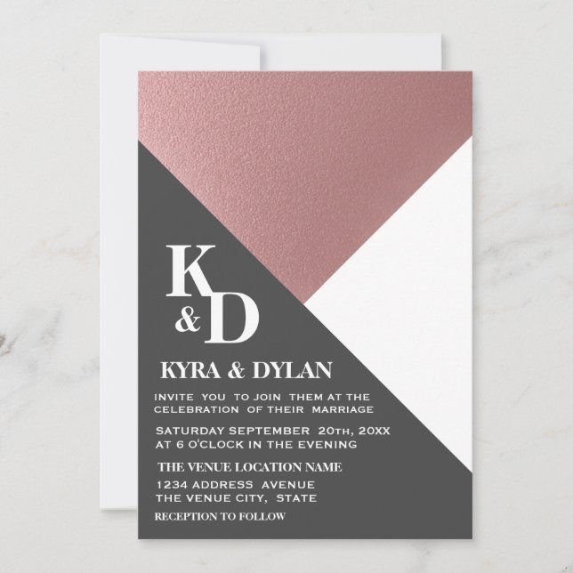 Moderne geometrische Rose Gold & Charcoal Gray Wed Einladung (Vorderseite)