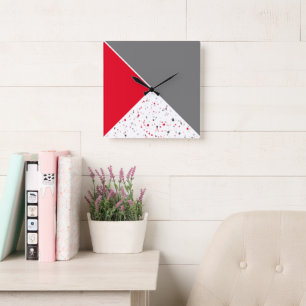 Moderne geometrische rot-graue Terrazzo-Muster Quadratische Wanduhr