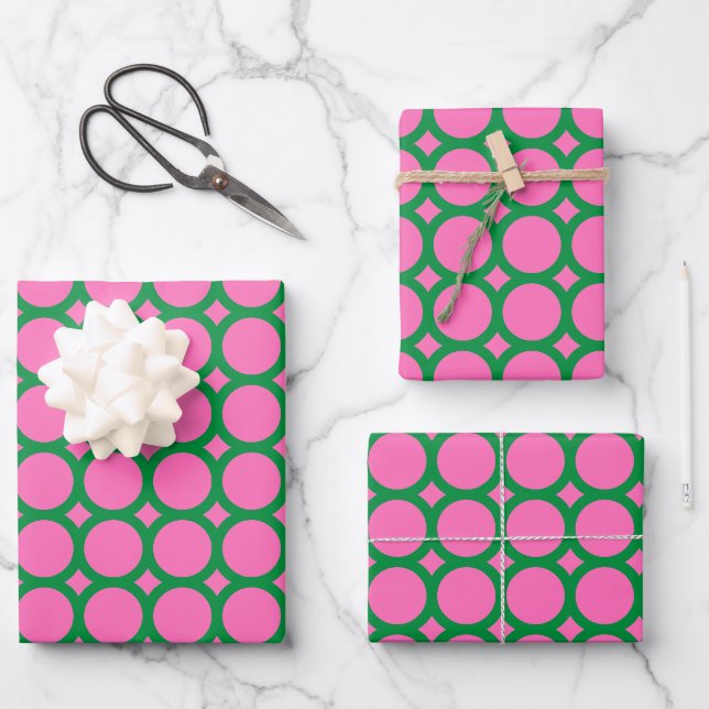 Moderne geometrische Rundform Grün/Rosa Geschenkpapier Set (Vorderseite)