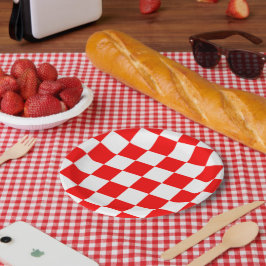 Moderne geometrische Schachbretter in Rot, Weiß Pappteller