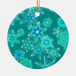 Moderne geometrische Schneeflocken, Türkis und Aqu Keramik Ornament