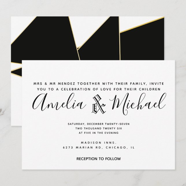 Moderne geometrische Schwarz-weiße Hochzeit Einladung (Vorne/Hinten)