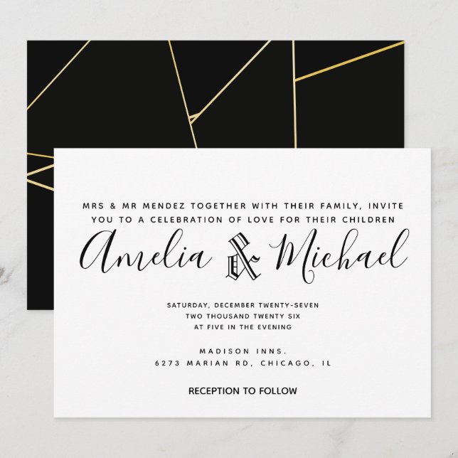 Moderne geometrische Schwarz-weiße Hochzeit Einladung (Vorne/Hinten)