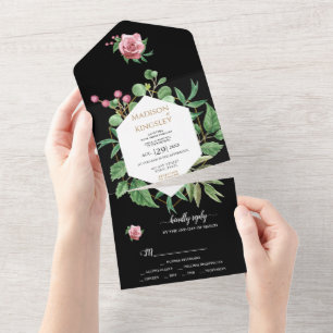 Moderne geometrische schwarze Blumenhochzeit All In One Einladung