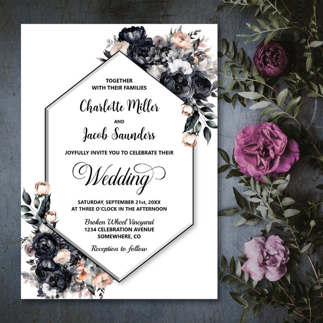 Moderne geometrische Smokey Black Floral Wedding Einladung (Von Creator hochgeladen)