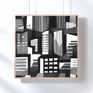 Moderne geometrische Stadt   Schwarz-Weiß Zeitgenö Poster
