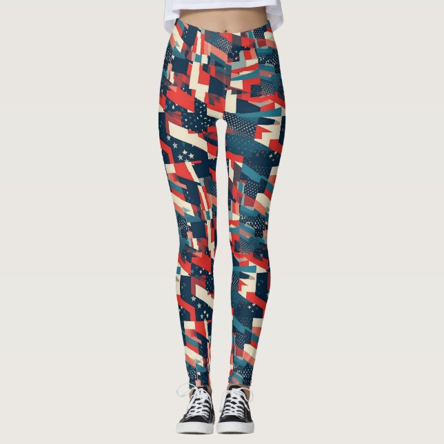 Moderne geometrische Sterne US-Flaggenmuster Leggings (Vorderseite)