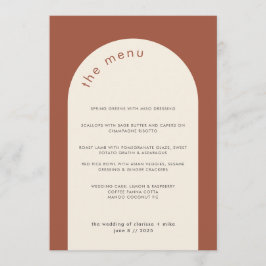 Moderne geometrische Terracotta Beige Arch Wedding Menükarte