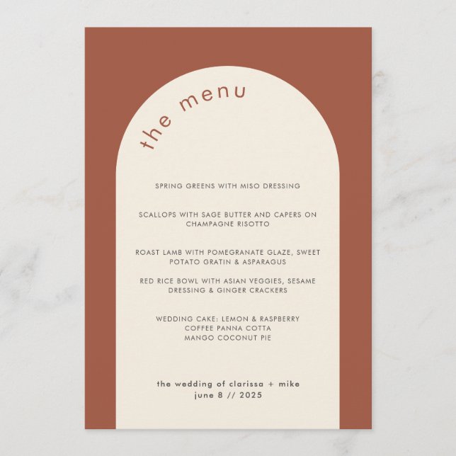 Moderne geometrische Terracotta Beige Arch Wedding Menükarte (Vorderseite)