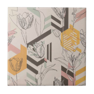 Moderne geometrische Tulpen-Linienkunst-Muster (4) Fliese