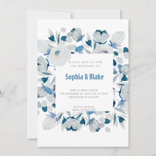 Moderne Gerahmte Hochzeit in Blau und Weiß Einladung (Vorderseite)