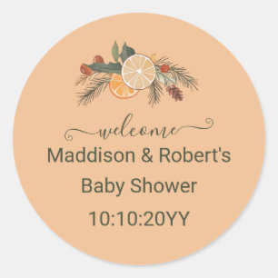 Moderne getrocknete Winter Citrus Baby Dusche Will Runder Aufkleber