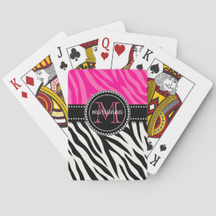 Moderne Girl Black Pink Zebra Print Personalisiert Spielkarten
