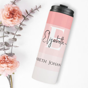 Moderne Girl Blush Pink Streifen Weiß Mit Monogram Thermosbecher