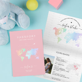 Moderne Girl Pink Passport Weltkarte Kinderdusche Einladung
