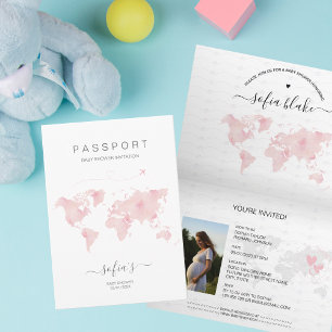 Moderne Girl Pink Passport Weltkarte Kinderdusche Einladung