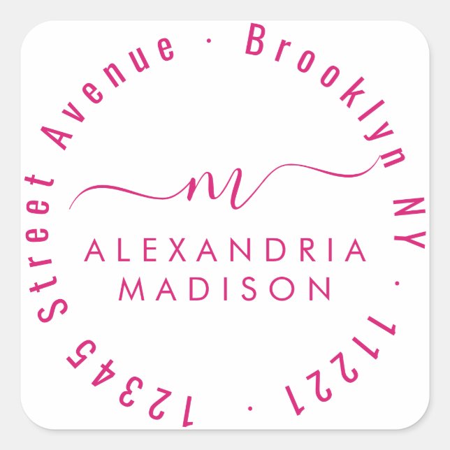 Moderne Girl Script Monogram Address Magenta Pink Quadratischer Aufkleber (Vorderseite)