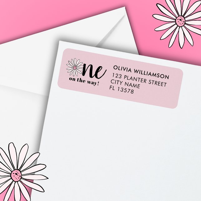 Moderne Girls Baby Shower Daisy Floral (One on the Way, floral daisy modern pink baby shower address labels.  Matching items available.)