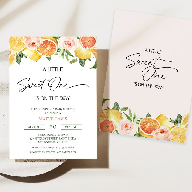 Moderne Girls Floral Citrus Sweet One Baby Dusche Einladung (Little Sweet One Baby Shower Invitation, Floral Citrus Baby Shower Invitation Girl, Lemons Oranges)
