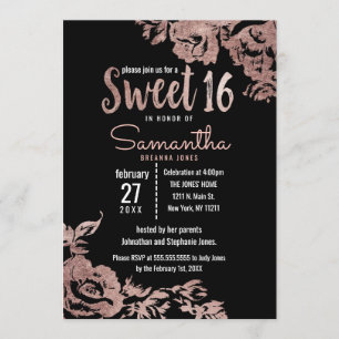 Moderne Girly Black Rose Gold Floral Sweet 16 Einladung