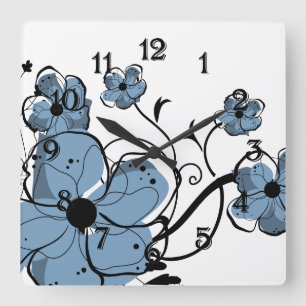Moderne Girly Blue und Black Blume Quadratische Wanduhr