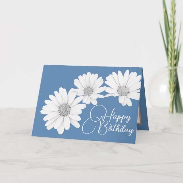 Moderne Girly Daisies Floral Blume Blauer Geburtst Karte (Vorderseite)