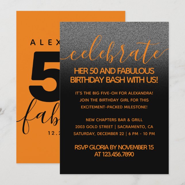 Moderne Girly Orange 50 und fabulous Einladung (Vorne/Hinten)