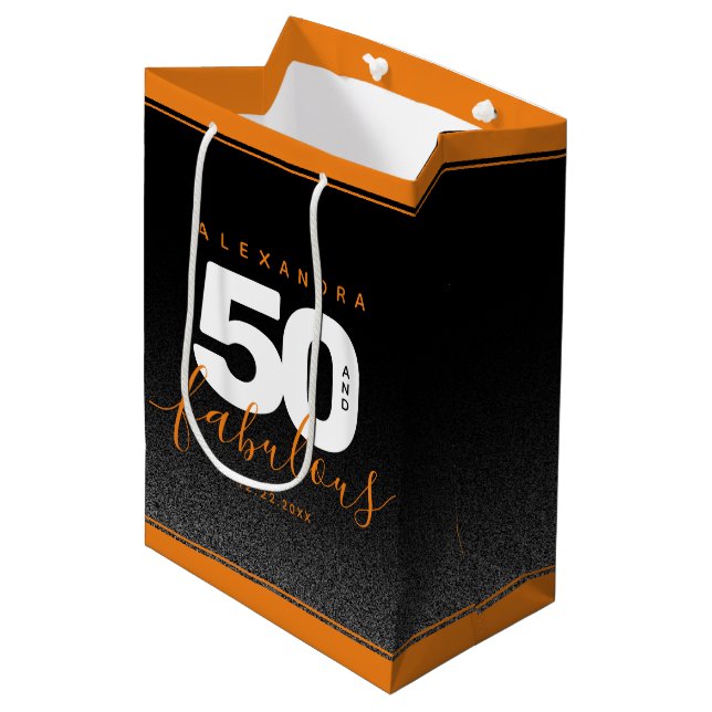 Moderne Girly Orange 50 und fabulous Mittlere Geschenktüte (Vorderseite Schrägansicht)