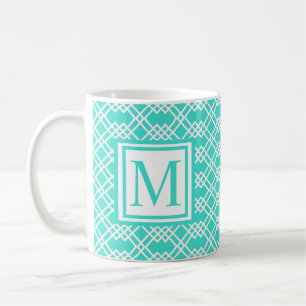 Moderne Gitter Geo Monogramm Türkis & Weiß Kaffeetasse