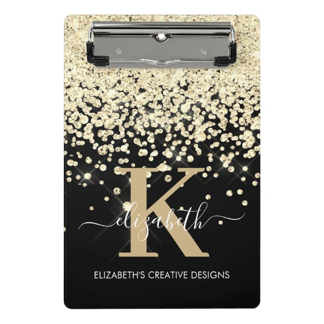 Moderne Glam Black Gold Glitzer Monogram Signature Mini Klemmbrett (Vorderseite)