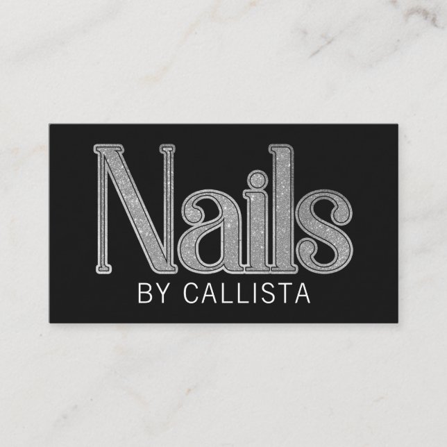 Moderne Glam Black Silver Glitzer Nails Visitenkarte (Vorderseite)