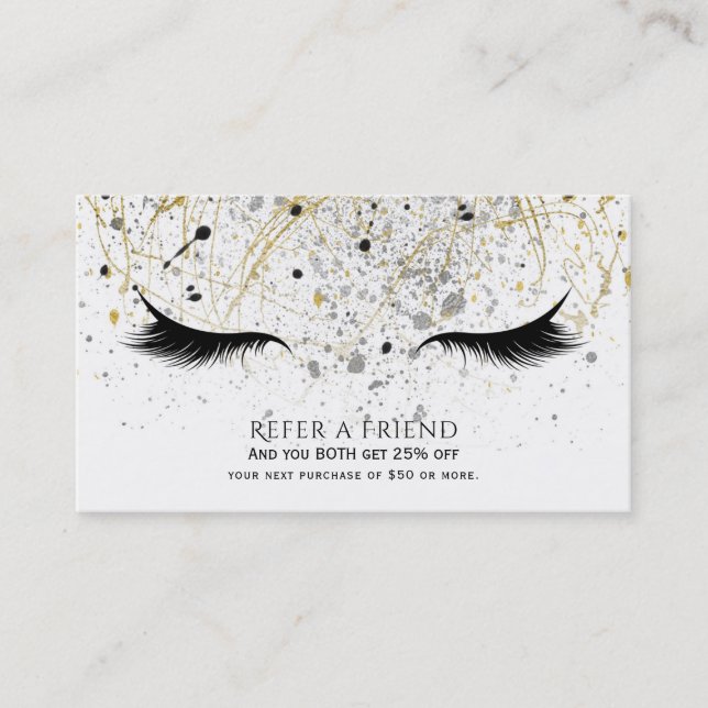 Moderne Glam Gold Silver Black Lashes Empfehlungskarte (Vorderseite)