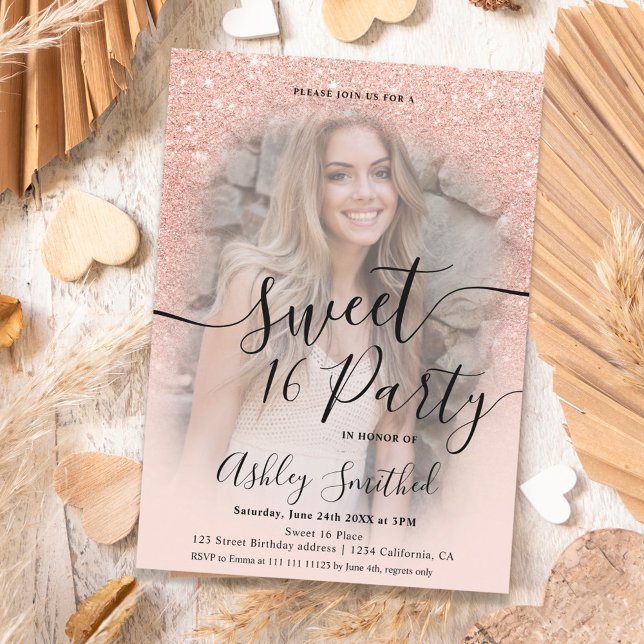 Moderne glam Rose Gold Glitzer ombre Foto Sweet 16 Einladung (Von Creator hochgeladen)