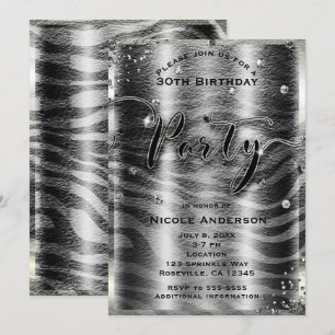 Moderne Glam Schwarz Weiß Zebra & Silber Bling Par Einladung