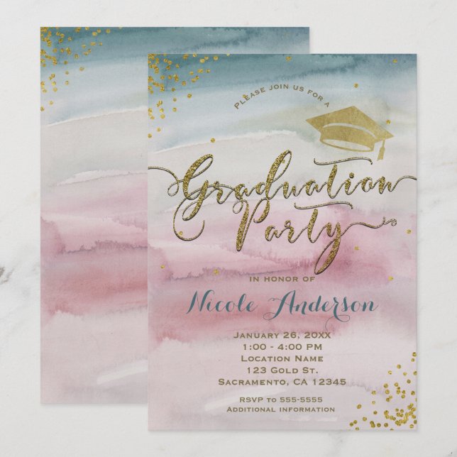 Moderne Glam Watercolor & Gold Dot GRADULATION Par Einladung (Vorne/Hinten)