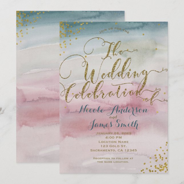Moderne Glam Watercolor Goldene Hochzeit Einladung (Vorne/Hinten)