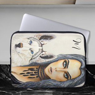 Moderne Glamour-Frau & Husky-Wolf-Hund-Monogramm Laptopschutzhülle
