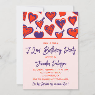 Moderne Glamour Rot Pink Herz 72. Geburtstag Einladung