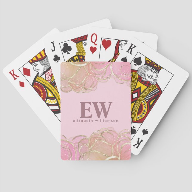 Moderne glamouröse, elegante Monogram Pink Gold Gi Spielkarten (Rückseite)
