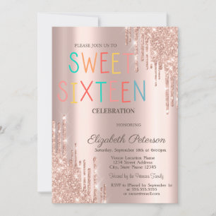 Moderne Glitter-Drips in Roségold Farbige Sweet 16 Einladung