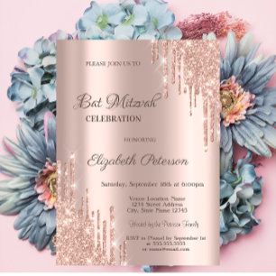 Moderne Glitter-Drips Roségold Bar Mizwa Einladung